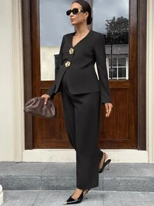MaterniWear Maternity Metal 3D Flower Decor Long Sleeve Jacket And Wide Leg Pants Elegant 2 Pieces Set Fall - Black - View 6