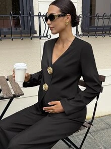 MaterniWear Maternity Metal 3D Flower Decor Long Sleeve Jacket And Wide Leg Pants Elegant 2 Pieces Set Fall - Black - View 8