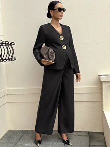 MaterniWear Maternity Metal 3D Flower Decor Long Sleeve Jacket And Wide Leg Pants Elegant 2 Pieces Set Fall - Black - View 2