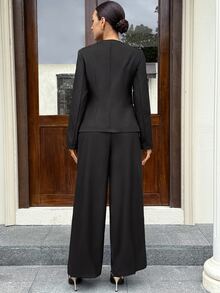 MaterniWear Maternity Metal 3D Flower Decor Long Sleeve Jacket And Wide Leg Pants Elegant 2 Pieces Set Fall - Black - View 3