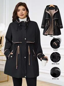 SHEIN Clasi Plus Size Women's Colorblock Hooded Holiday Going Out Formal Vacation Casual Anti Social Smart Baggy Elegant Jacket Autumn Hiking Rodeo Fall Black - Black - View 10