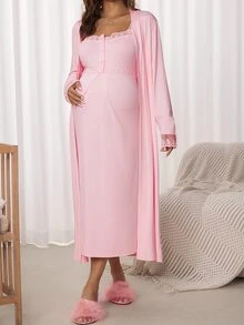 Slowluna Bộ 2 món váy bầu thu mùa gồm váy dài tay trơn màu và váy hai dây phối ren tương phản, cổ nửa khuy cài, phong cách thanh lịch cho mẹ cho con bú - Hồng - Xem 8