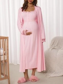 Slowluna Bộ 2 món váy bầu thu mùa gồm váy dài tay trơn màu và váy hai dây phối ren tương phản, cổ nửa khuy cài, phong cách thanh lịch cho mẹ cho con bú - Hồng - Xem 7