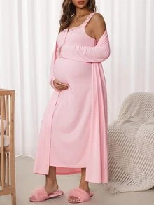 Slowluna Bộ 2 món váy bầu thu mùa gồm váy dài tay trơn màu và váy hai dây phối ren tương phản, cổ nửa khuy cài, phong cách thanh lịch cho mẹ cho con bú - Hồng - Xem 6