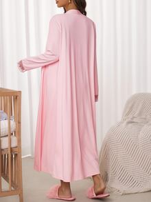Slowluna Bộ 2 món váy bầu thu mùa gồm váy dài tay trơn màu và váy hai dây phối ren tương phản, cổ nửa khuy cài, phong cách thanh lịch cho mẹ cho con bú - Hồng - Xem 4