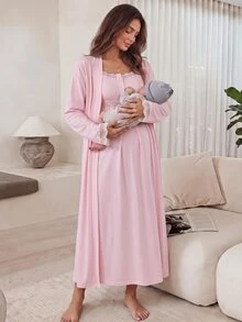 Slowluna Bộ 2 món váy bầu thu mùa gồm váy dài tay trơn màu và váy hai dây phối ren tương phản, cổ nửa khuy cài, phong cách thanh lịch cho mẹ cho con bú - Hồng - Xem 2