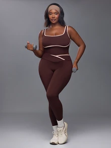 Voyena Women's Plus Size Colorblock Top And Leggings Casual Daily Sports Set - Coffee Brown - View 7