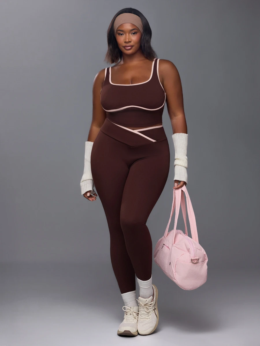 Voyena Women's Plus Size Colorblock Top And Leggings Casual Daily Sports Set - Coffee Brown - View 1