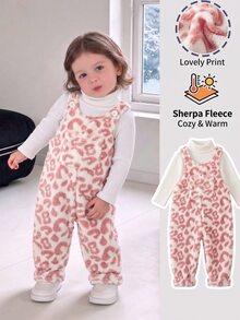 SHEIN Playful Pals 嬰兒連身褲，家庭套裝，白色豹紋圖案，無袖肩帶設計，絨毛質感，寬鬆版型，秋季，拍照，可愛 - 粉色 - 查看 3