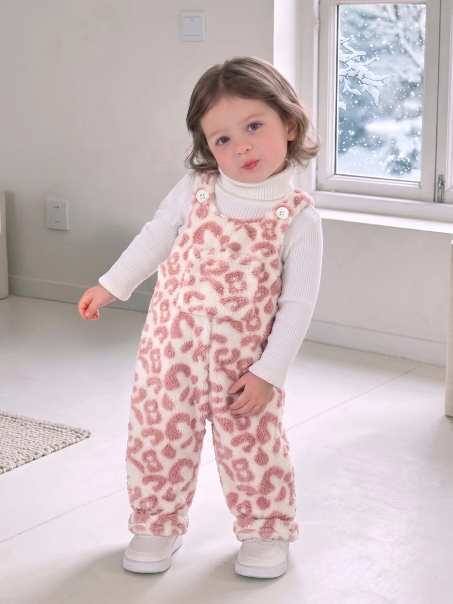 SHEIN Playful Pals 嬰兒連身褲,家庭套裝,白色豹紋圖案,無袖肩帶設計,絨毛質感,寬鬆版型,秋季,拍照,可愛 - 粉色 - 查看 1