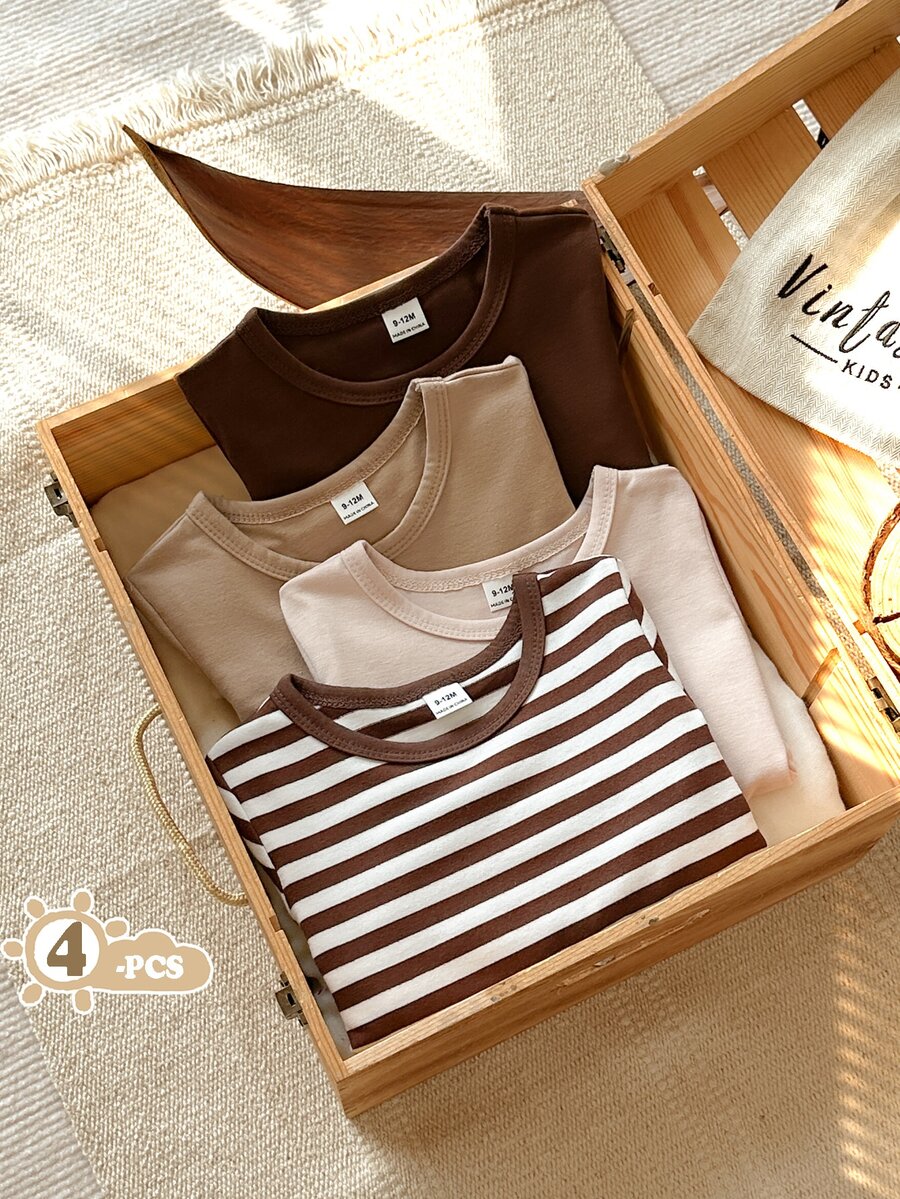 SHEIN Vintaside Kids Baby Boy Simple & Comfortable Long Sleeve Tops 4pcs Set, Versatile For Autumn - Multicolor - View 1