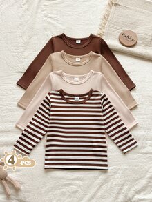 SHEIN Vintaside Kids Baby Boy Simple & Comfortable Long Sleeve Tops 4pcs Set, Versatile For Autumn - Multicolor - View 3