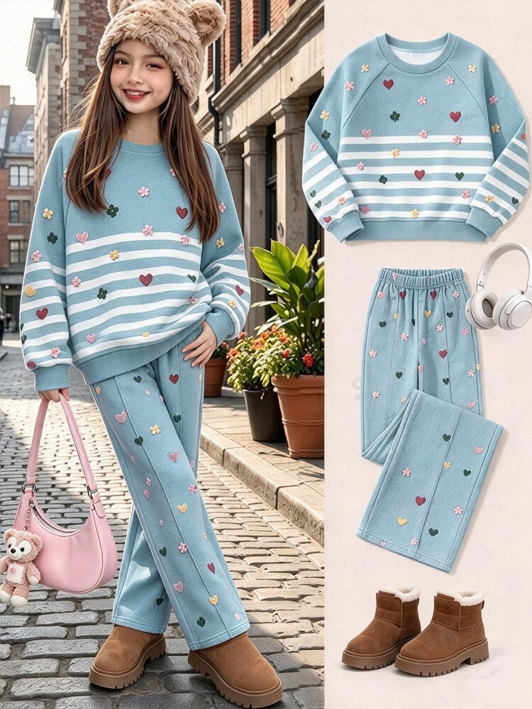 SHEIN Girls' Autumn-Winter Casual Set: Round-Neck Long-Sleeve Top + Wide-Leg Pants, A Two-Piece Casual Outfit For Daily Wear And Campus Style. - Blue - View 3