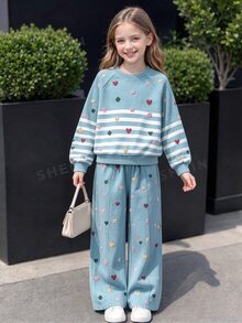 SHEIN Girls' Autumn-Winter Casual Set: Round-Neck Long-Sleeve Top + Wide-Leg Pants, A Two-Piece Casual Outfit For Daily Wear And Campus Style. - Blue - View 6