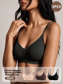 SHEIN 女款無縫V領可拆式墊片無鋼圈內衣 全罩杯/T恤舒適款 3件組 日常穿著 - 彩色 - 查看 4