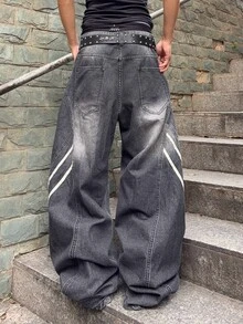 STEELVANCE 男士解構拼接寬鬆寬腿牛仔褲 水洗對比深灰色條紋氣球牛仔長褲 電音節度假 秋季街頭風 Grunge Y2K 沙灘 - 深灰色 - 查看 5