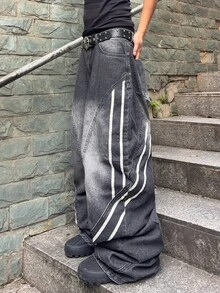 STEELVANCE 男士解構拼接寬鬆寬腿牛仔褲 水洗對比深灰色條紋氣球牛仔長褲 電音節度假 秋季街頭風 Grunge Y2K 沙灘 - 深灰色 - 查看 3