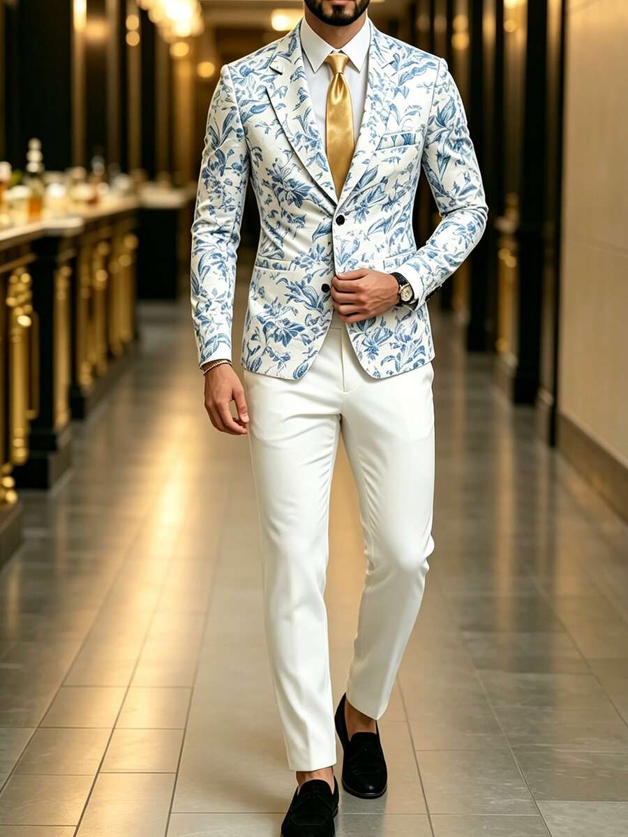 Manfinity AFTRDRK Men's Blue White Floral Jacquard Suit Set, 2-Button Casual Elegant Mature Formal Banquet Wedding Outfit Blue And White Fall - Multicolor - View 1