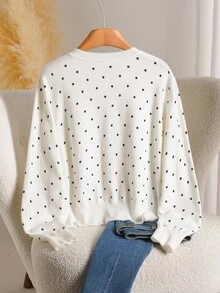 Story & Sage Women's White And Black Polka Dot Round Neck Long Sleeve Single-Breasted Versatile Cardigan Brunch Autumn French Elegant Top Fall Office - White - View 2