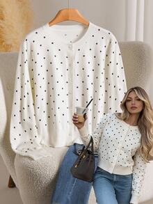 Story & Sage Women's White And Black Polka Dot Round Neck Long Sleeve Single-Breasted Versatile Cardigan Brunch Autumn French Elegant Top Fall Office - White - View 6