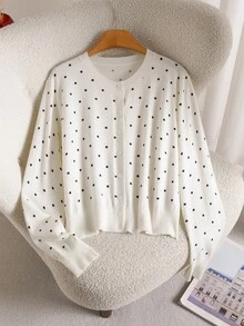 Story & Sage Women's White And Black Polka Dot Round Neck Long Sleeve Single-Breasted Versatile Cardigan Brunch Autumn French Elegant Top Fall Office - White - View 3