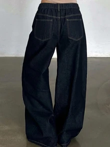 Dazy Plus Plus Size Casual Cargo Fall Button Pocket Loose Fit Denim Jeans Vacation Beach - Dark Wash - View 2