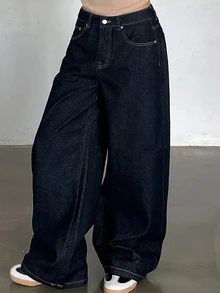 Dazy Plus Plus Size Casual Cargo Fall Button Pocket Loose Fit Denim Jeans Vacation Beach - Dark Wash - View 4