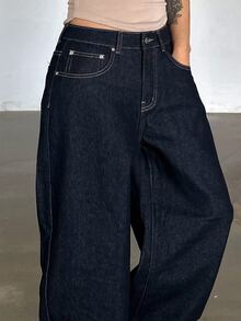 Dazy Plus Plus Size Casual Cargo Fall Button Pocket Loose Fit Denim Jeans Vacation Beach - Dark Wash - View 1
