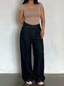 Dazy Plus Plus Size Casual Cargo Fall Button Pocket Loose Fit Denim Jeans Vacation Beach - Dark Wash - View 7