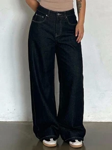 Dazy Plus Plus Size Casual Cargo Fall Button Pocket Loose Fit Denim Jeans Vacation Beach - Dark Wash - View 8