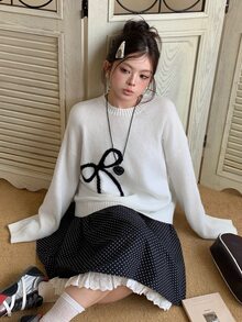 Dazy Plus Bow Jacquard Loose White Sweater Women Fall/ Vintage Fairy Casual Style Formal Vacation - White - View 1