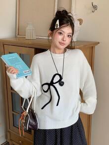 Dazy Plus Bow Jacquard Loose White Sweater Women Fall/ Vintage Fairy Casual Style Formal Vacation - White - View 5
