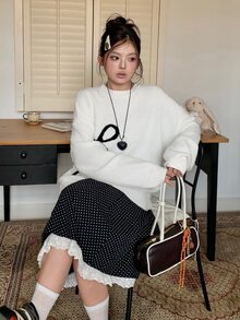 Dazy Plus Bow Jacquard Loose White Sweater Women Fall/ Vintage Fairy Casual Style Formal Vacation - White - View 9