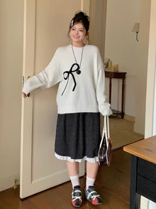 Dazy Plus Bow Jacquard Loose White Sweater Women Fall/ Vintage Fairy Casual Style Formal Vacation - White - View 3