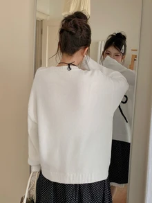 Dazy Plus Bow Jacquard Loose White Sweater Women Fall/ Vintage Fairy Casual Style Formal Vacation - White - View 6