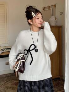 Dazy Plus Bow Jacquard Loose White Sweater Women Fall/ Vintage Fairy Casual Style Formal Vacation - White - View 4