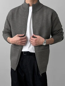 DAZY Autumn/Winter Dark Gray Zipper Front Cardigan With Large Patch Pockets And Small Stand Collar, Korean Style Casual Men's Cardigan - Dark Grey - View 2
