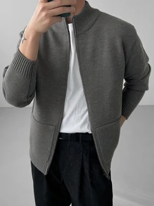 DAZY Autumn/Winter Dark Gray Zipper Front Cardigan With Large Patch Pockets And Small Stand Collar, Korean Style Casual Men's Cardigan - Dark Grey - View 6