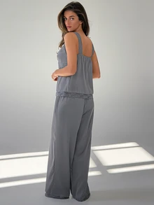 Livesso Women's Lace Patchwork Top And Pants Casual Elegant Daily Home Sleepwear Set Lounge Sleep Gray Summer - Grey - View 2