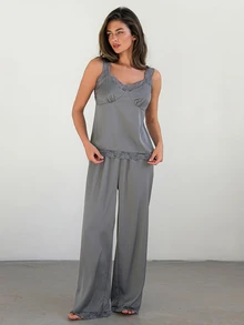 Livesso Women's Lace Patchwork Top And Pants Casual Elegant Daily Home Sleepwear Set Lounge Sleep Gray Summer - Grey - View 5