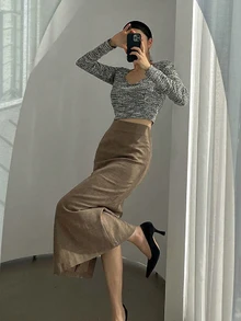 DAZY Women's Solid Color Elegant Work Wear Straight Slit Skirt,Pencil Skirt Fall Skirts - Khaki - View 3