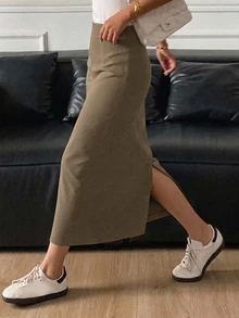 DAZY Women's Solid Color Elegant Work Wear Straight Slit Skirt,Pencil Skirt Fall Skirts - Khaki - View 5