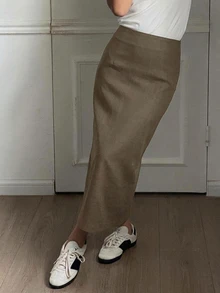 DAZY Women's Solid Color Elegant Work Wear Straight Slit Skirt,Pencil Skirt Fall Skirts - Khaki - View 6