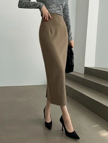 DAZY Women's Solid Color Elegant Work Wear Straight Slit Skirt,Pencil Skirt Fall Skirts - Khaki - View 2