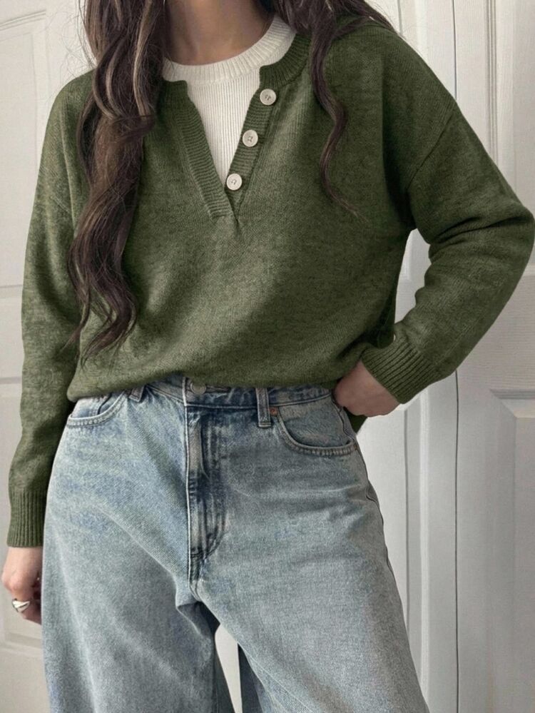 Dazy Plus Colorblock Patchwork Round Neck Loose Casual Fun Commute Long Sleeve Autumn/Winter Pullover Sweater - Army Green - View 5