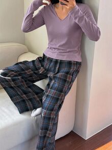 DAZY 春季寬鬆2件式休閒舒適女款居家服套裝 秋季 - 紫色 - 查看 6