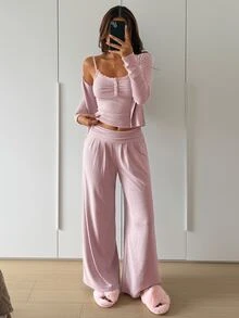 DAZY Women's Lace Patchwork Camisole Top, Long Pants And Cardigan Casual Daily Home Sleepwear Set - Pink - View 4