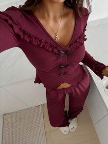 DAZY Women's Solid Color Frill Trim Bow Decor Long Sleeve Top And Pants Pajama Set Fall - Burgundy - View 3