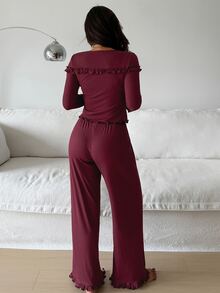 DAZY Women's Solid Color Frill Trim Bow Decor Long Sleeve Top And Pants Pajama Set Fall - Burgundy - View 2