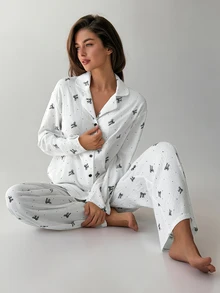 Livesso Women's All-Over Print Long Sleeve Top And Pants Casual Cute Daily Home Sleepwear Set Lounge Sleep White And Black Fall - White - View 1